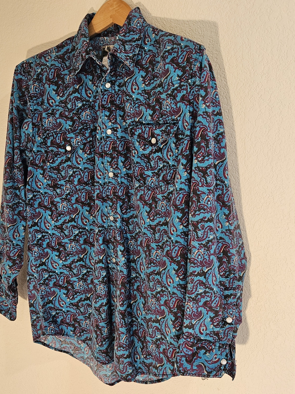 Vintage Express Rider Shirt Mens M Blue Paisley Western Cowboy Pearl Snap 90's